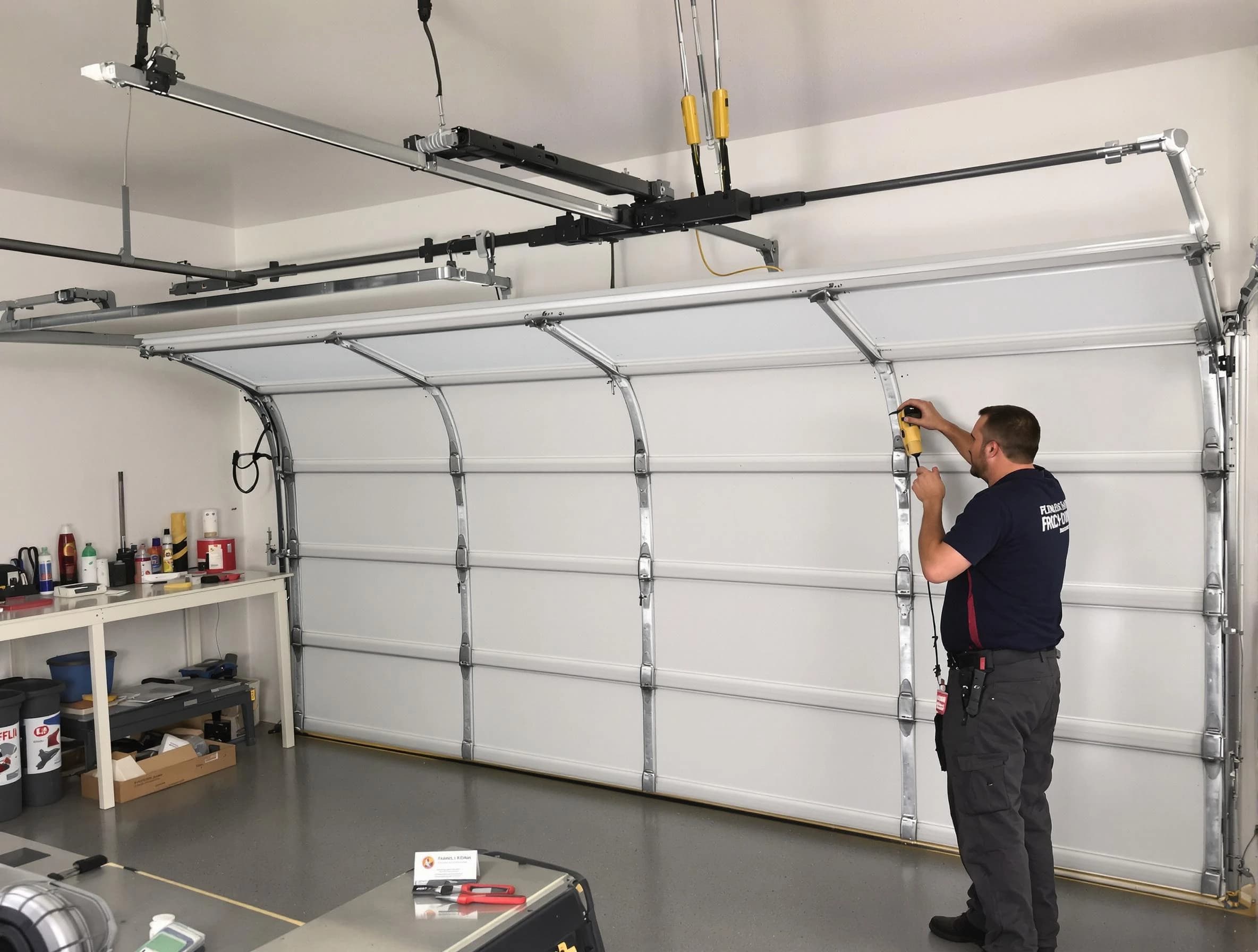 Brentwood Garage Door Repair certified technician performing overhead door system repair in Brentwood