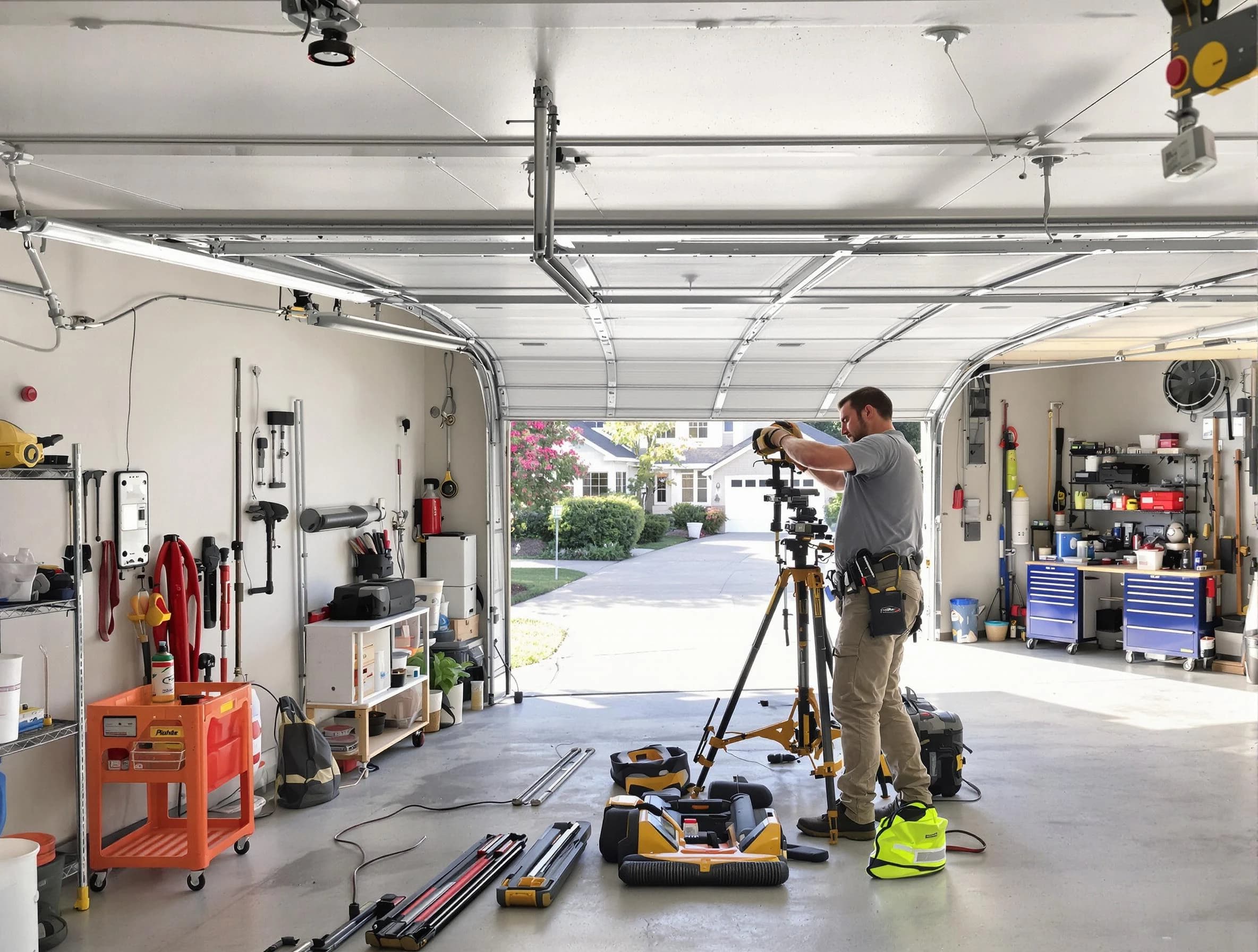 Brentwood Garage Door Repair specialist performing laser-guided track alignment in Brentwood